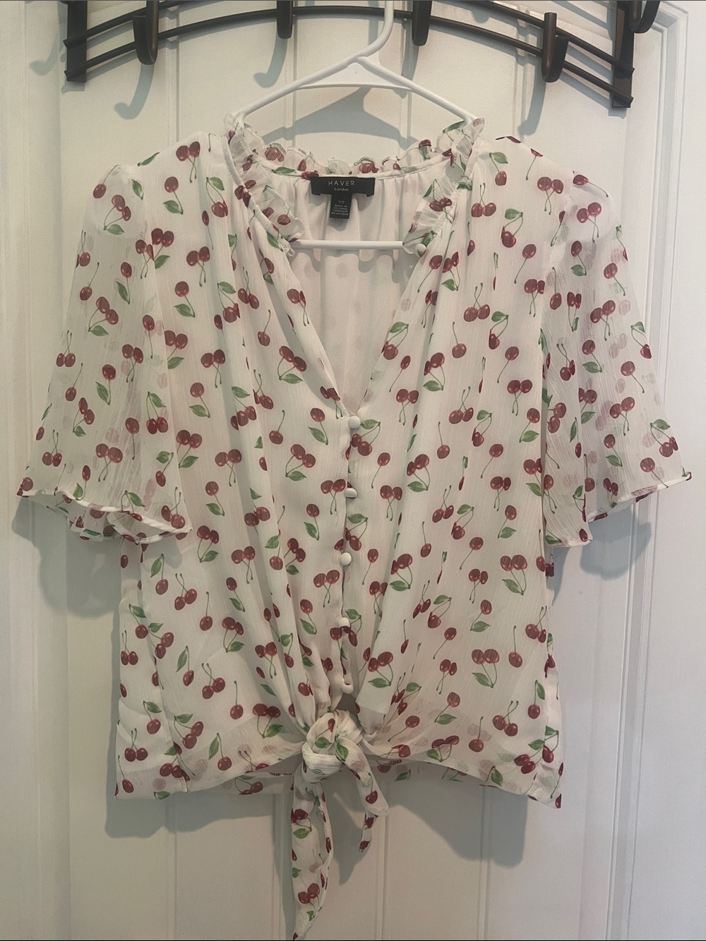 Haver White Cherry-Print Tie-Front Blouse with Green Accents